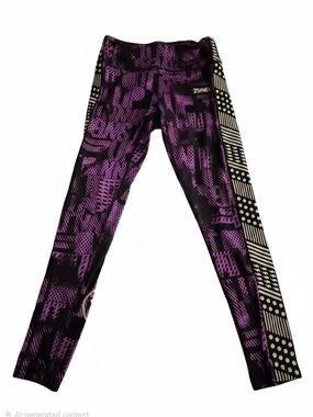 Zumba Fitness Black & Purple Graphic Leggings with Patterned Side Stripes